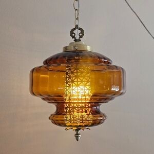 Vintage AMBER Glass FALKENSTEIN Hanging Light Swag Lamp Retro Diffuser Globe
